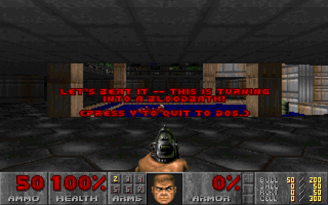 Doom's quit prompt inside the panel: press Y to quit to DOS