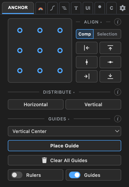 The Anchor tab: anchor grid with align, distribute, and guides