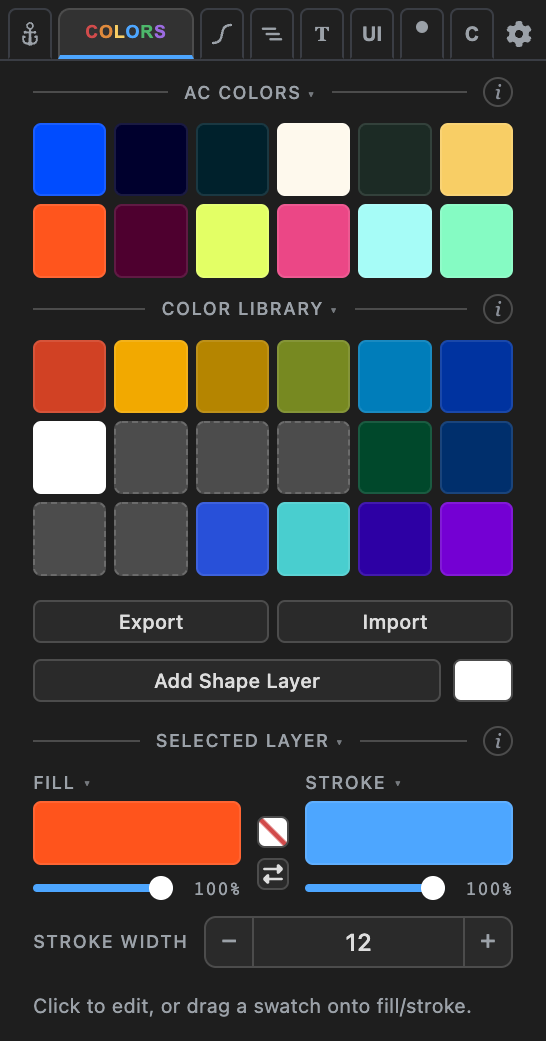 The Colors tab: color library and fill/stroke editing