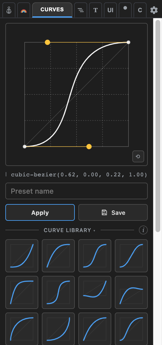 The Curves tab: easing curve editor and preset library