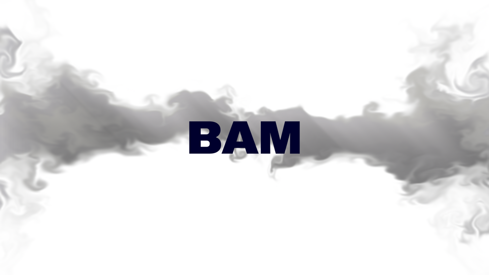 A wide cloud of grey dust blasting out sideways from the word BAM on a white background