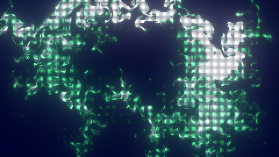 Swirling smoke drawn as a grid of small glowing green squares on deep blue