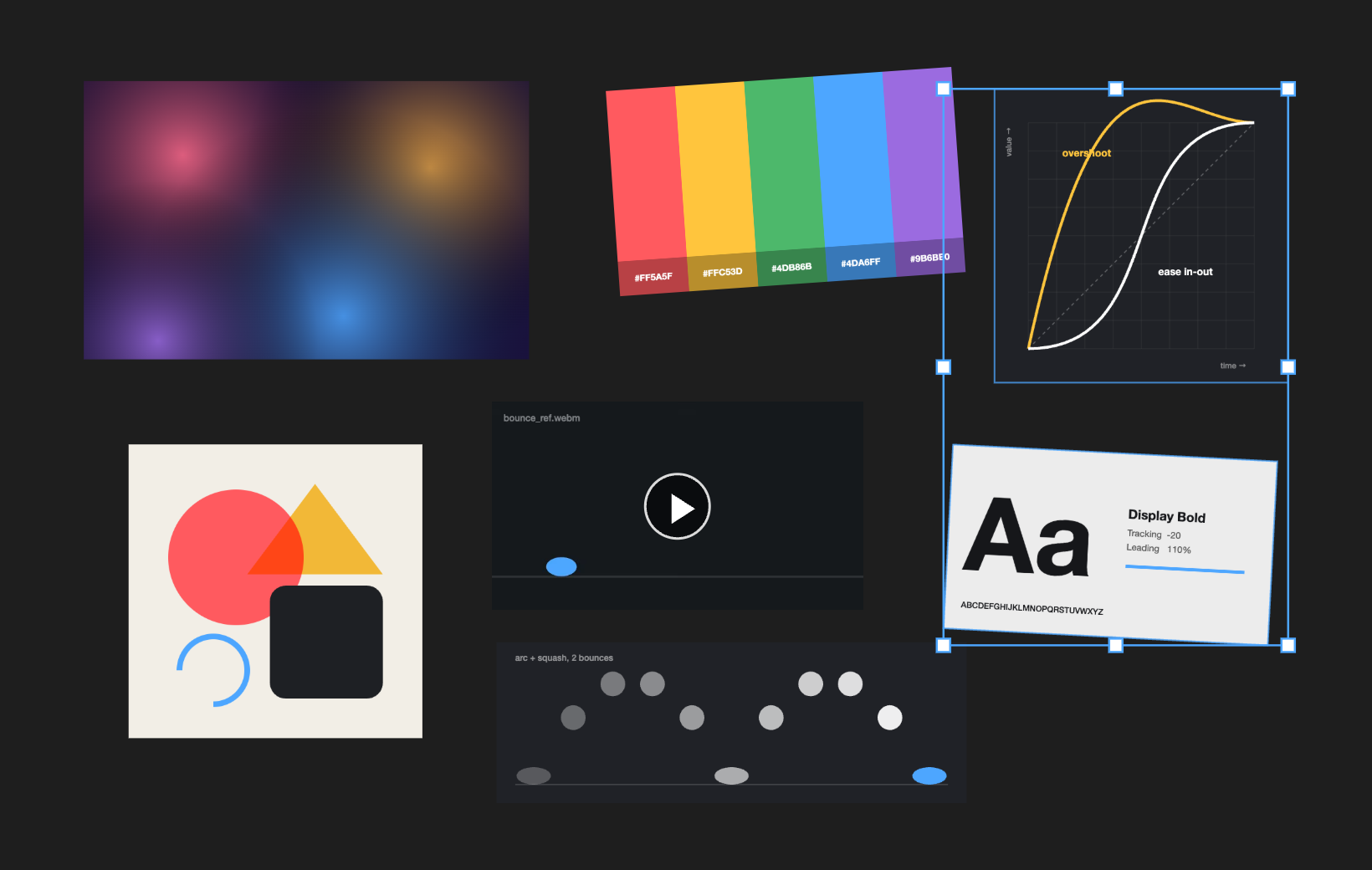 A MotionRef board with stills, a paused video with a play button, and two items selected inside one transform box
