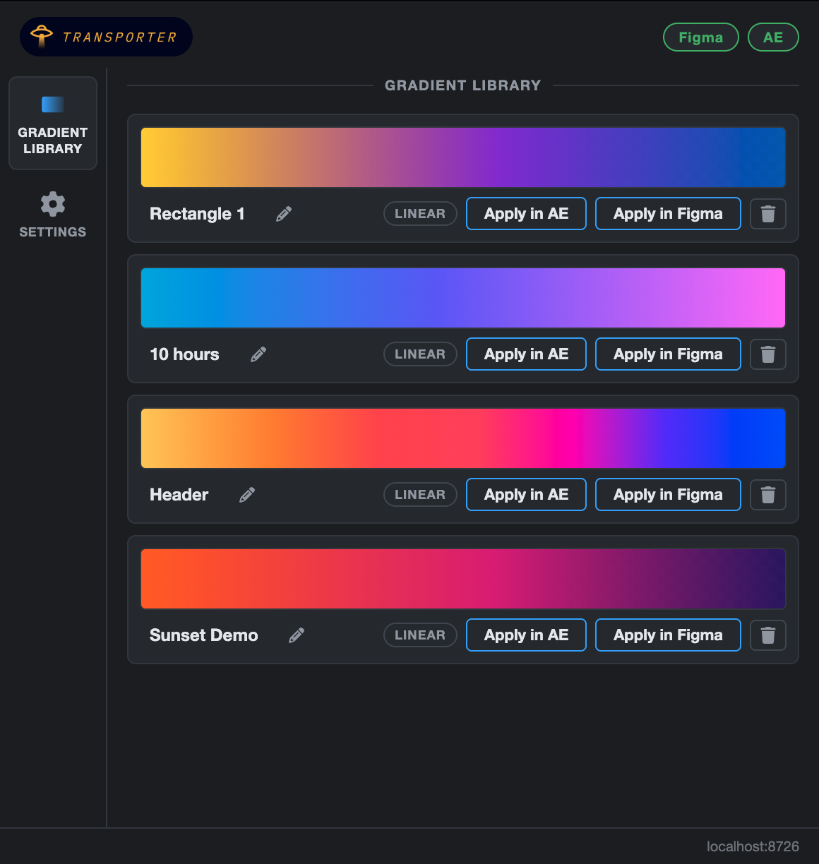 The Transporter hub app showing the gradient library